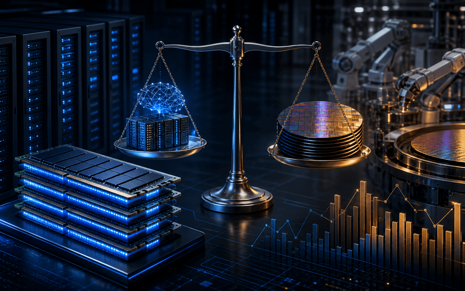 Memory chips, AI servers, and semiconductor wafers balancing supply and demand risk