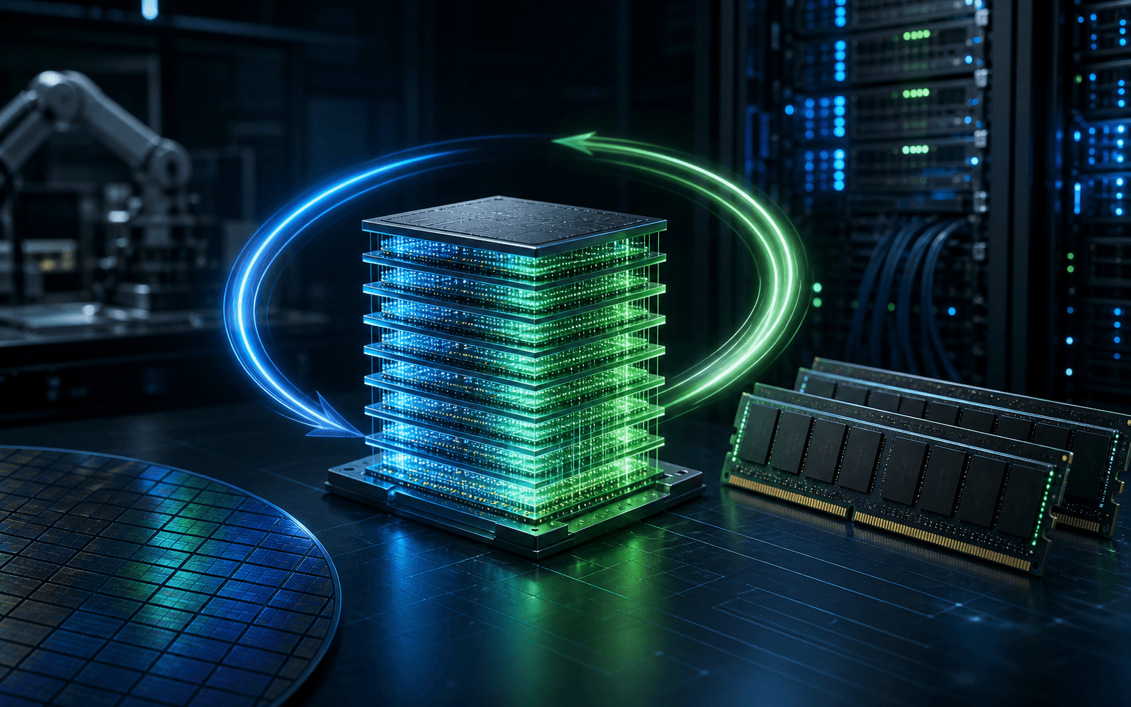 DRAM and HBM memory chips connected to AI server infrastructure