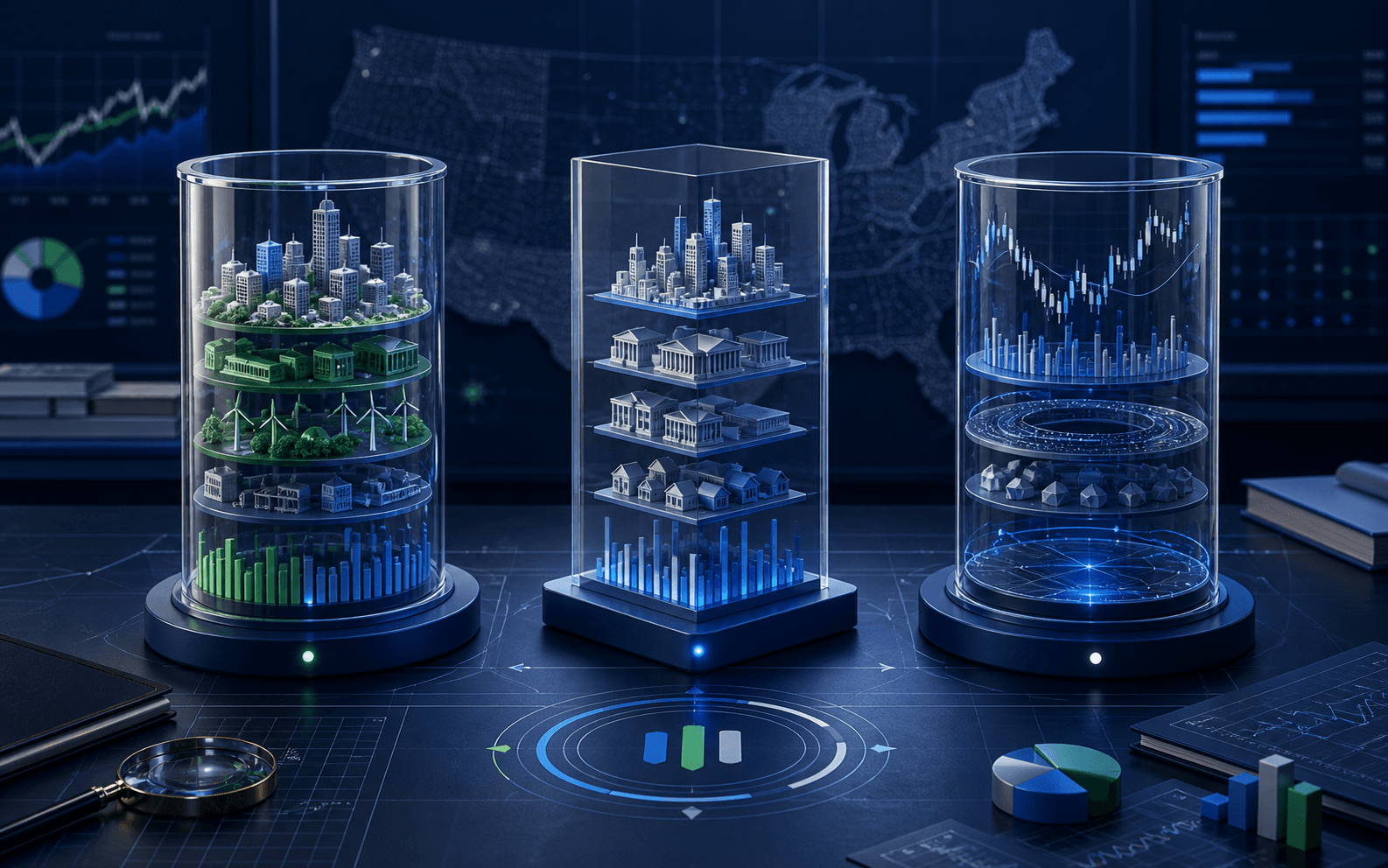 Three U.S. equity portfolio structures compared in a financial research setting