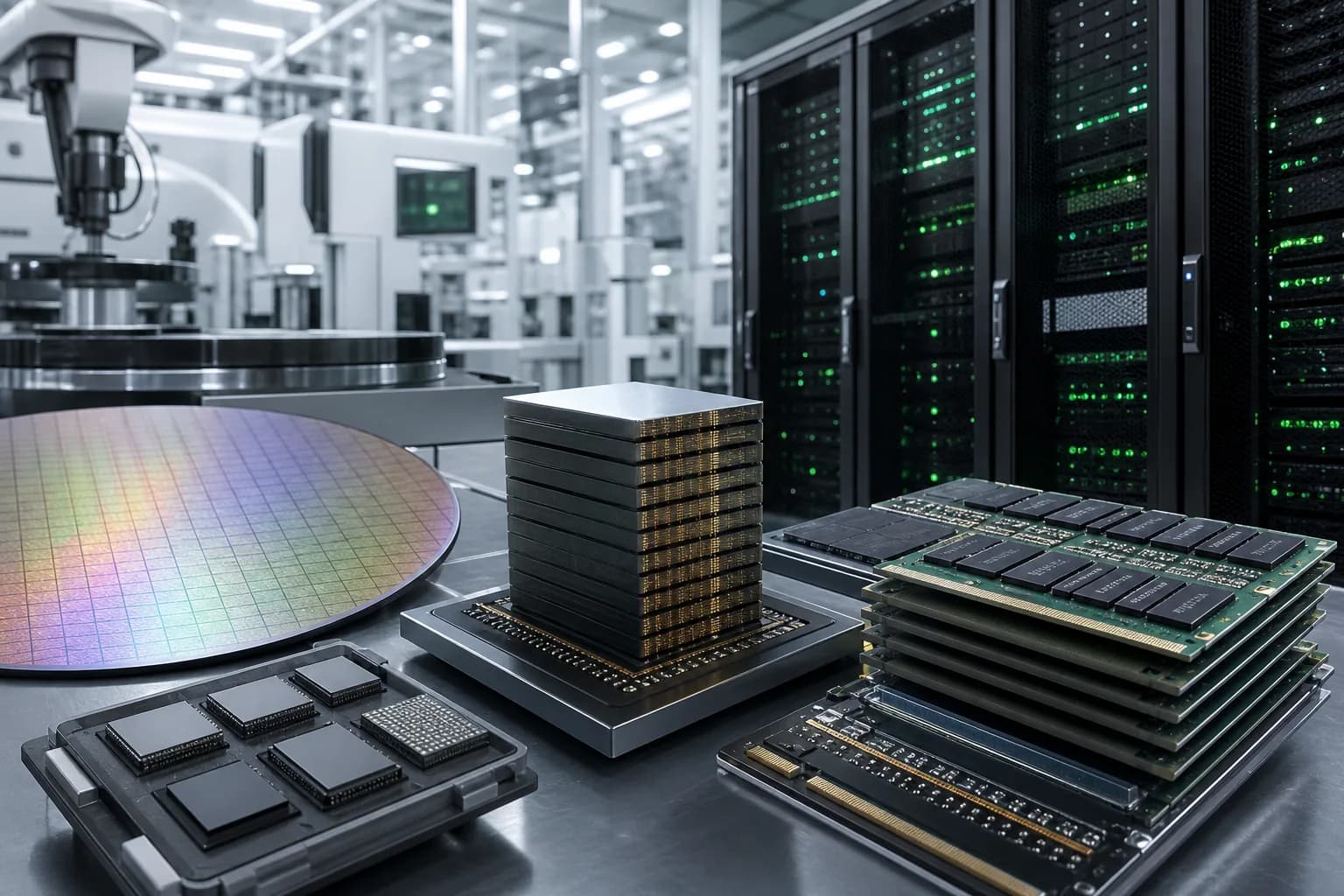 DRAM wafers, stacked HBM memory packages, and AI data-center racks illustrating the SK hynix memory supply chain