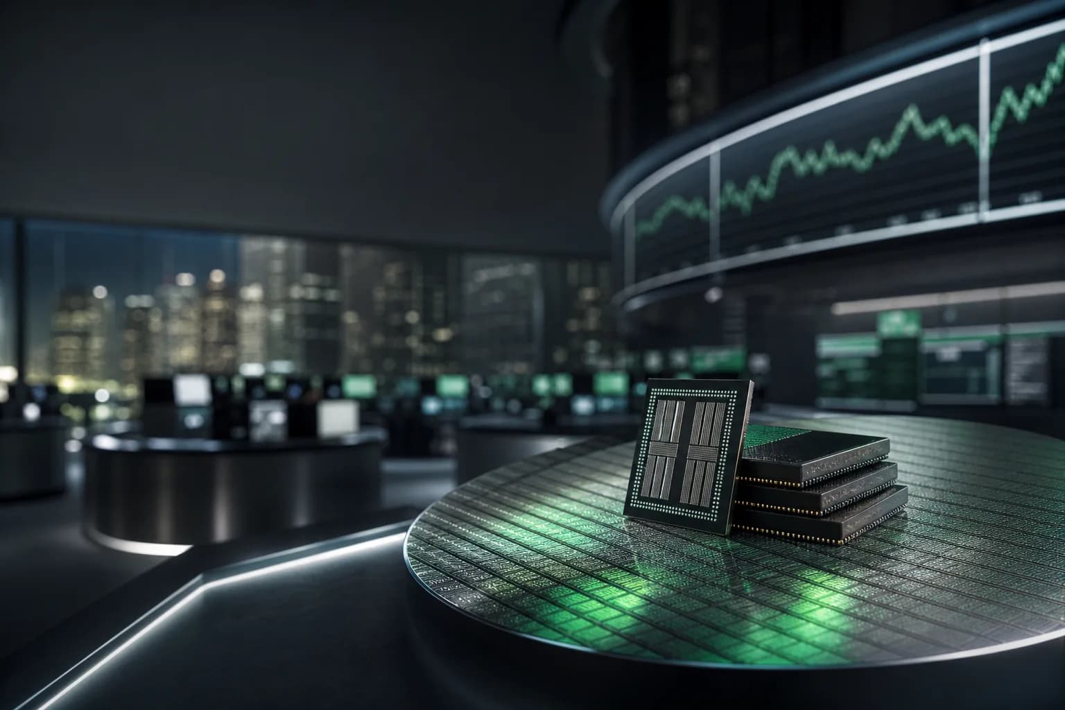 Memory chips and a silicon wafer in a U.S. market trading environment, illustrating the SK hynix Nasdaq ADR listing